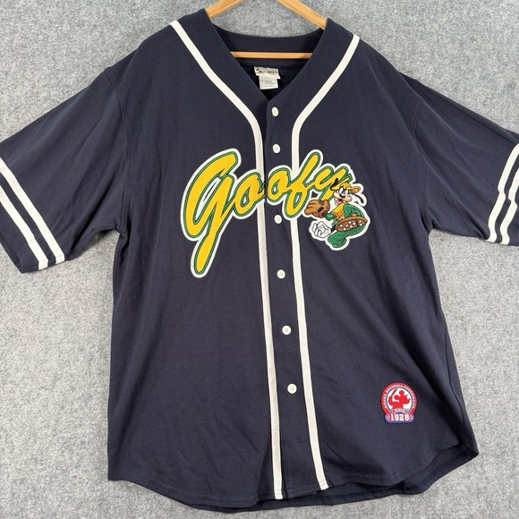 Vintage Disney World Goofy Baseball Jersey Shirt Large Navy Short Sleeve Y2K 90s - Picture 2 of 10
